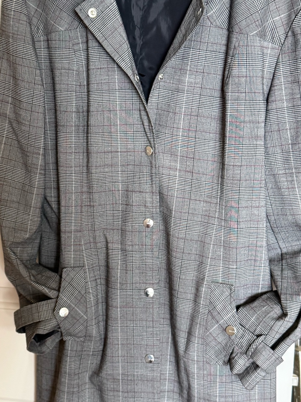 Classic Grey Glen Plaid Snap Front Rain Coat